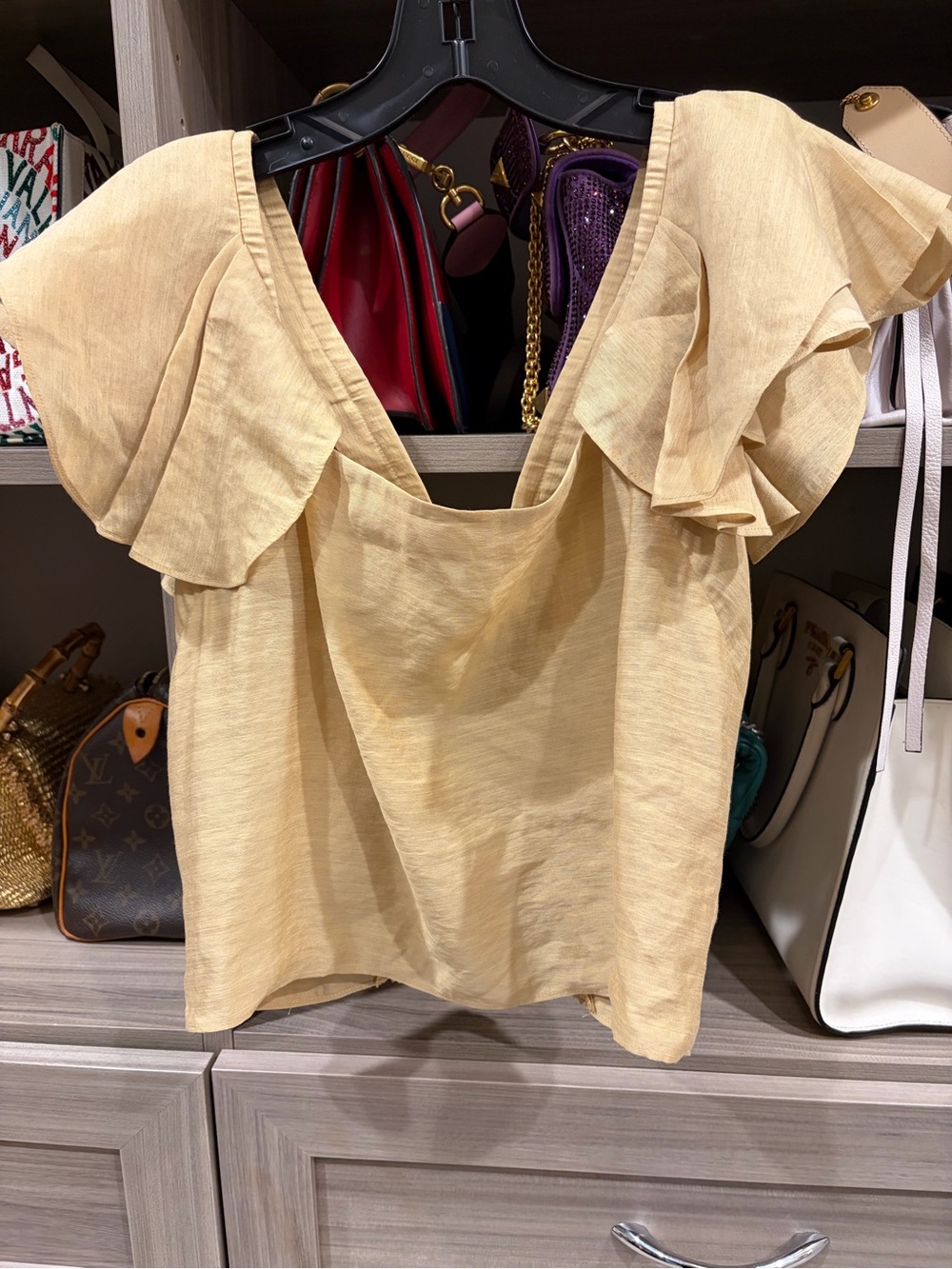 Vince Pale Yellow Ruffle Sleeve Square Neck Blouse